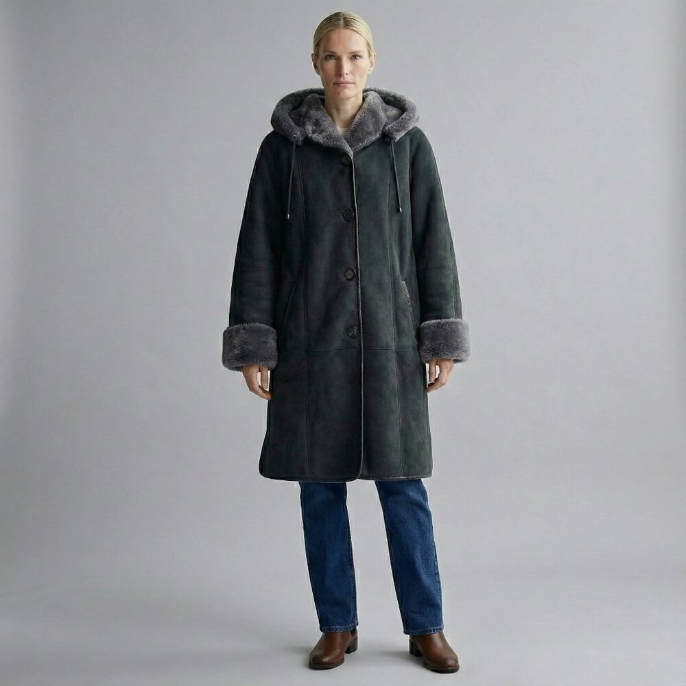 Winter Faux Shearling Coat Dark Green with Removable Hood Warm Oversized